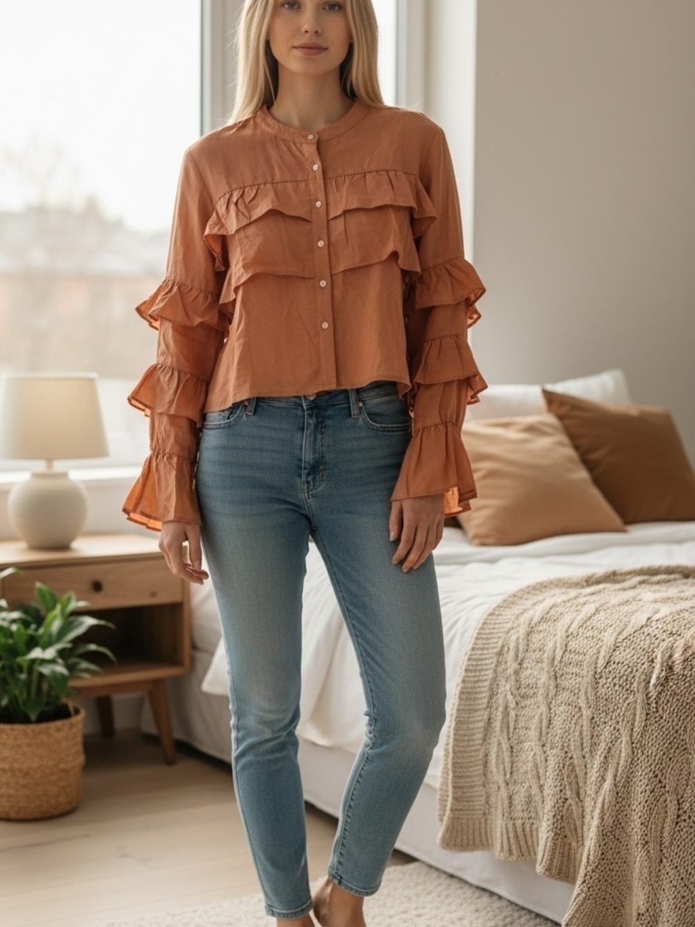 Ruffled Long-Sleeve Button Front Top - Rust